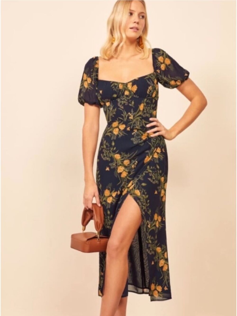 Reformation Ruthie Secret Garden Sweetheart Midi Dress in Navy